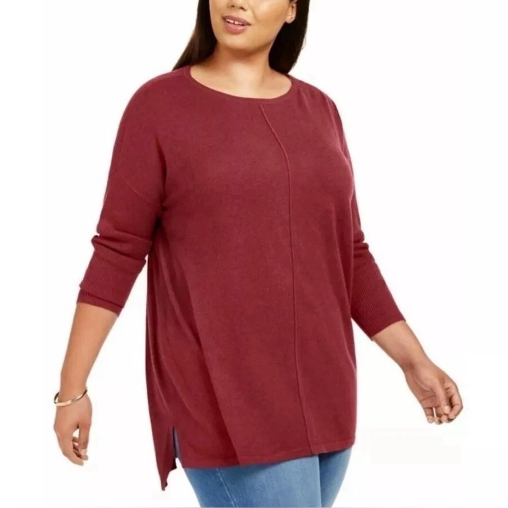 Style & Co Plus Cotton Seam Front Tunic Sweater Cherry Pie Red MSRP 1X $56.50